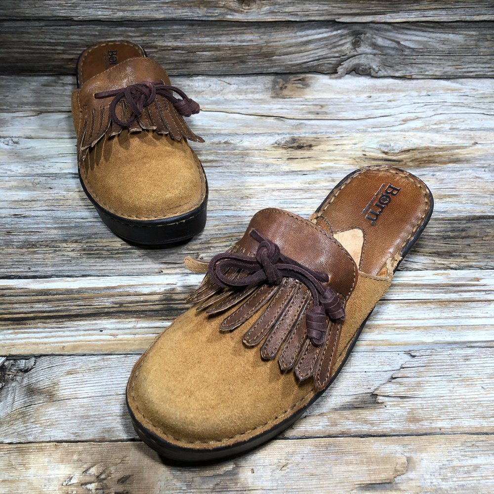 Born W2605 Crown Brown Leather Slip On Mules Heels Women US 6, EU 38.5